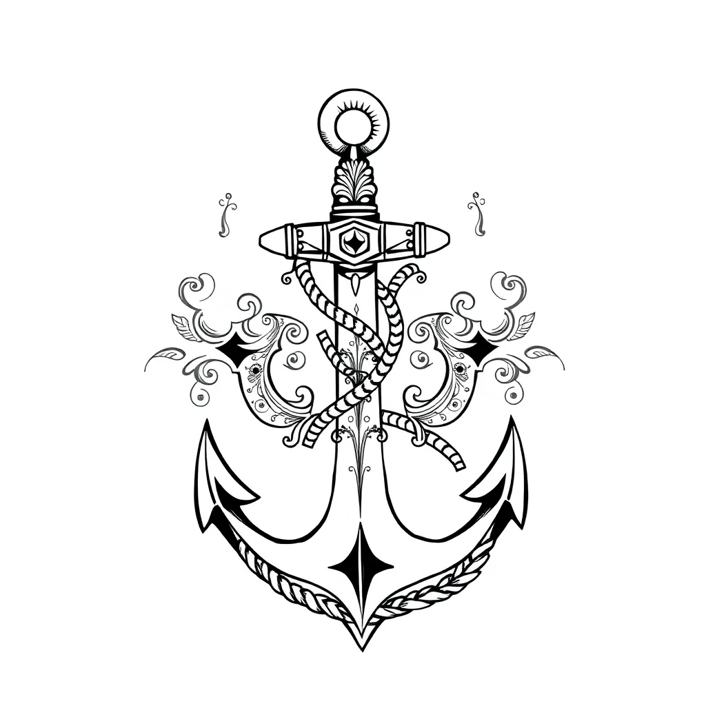 Tatouage ancre en style ornemental, design généré par IA