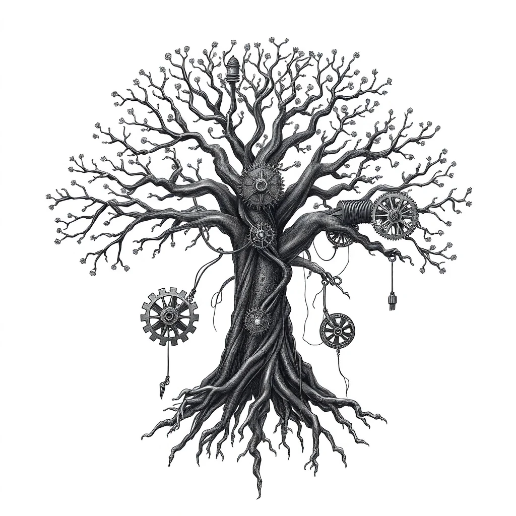 Tatouage arbre de vie en style biomécanique, design généré par IA
