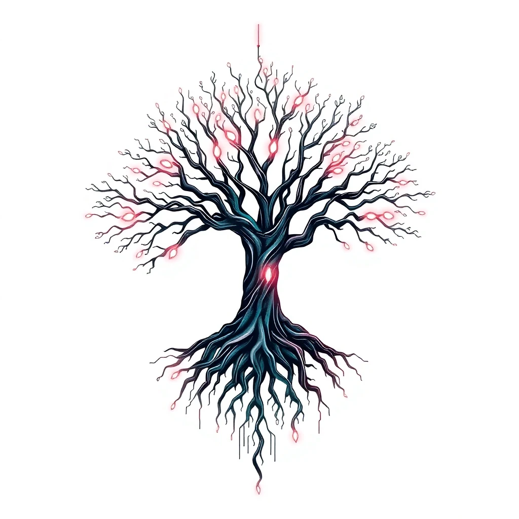 Tatouage arbre de vie en style cyberpunk, design généré par IA