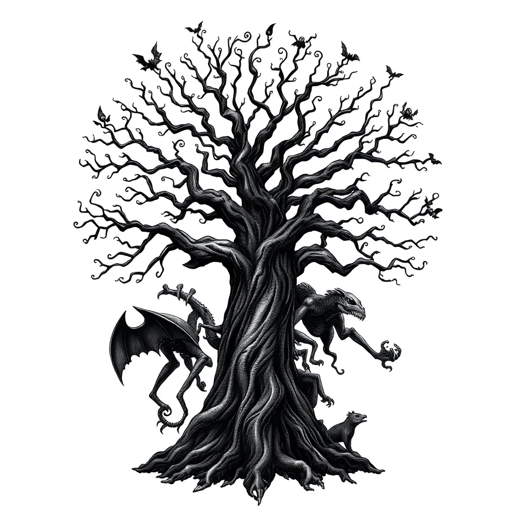 Tatouage arbre de vie en style horror, design généré par IA