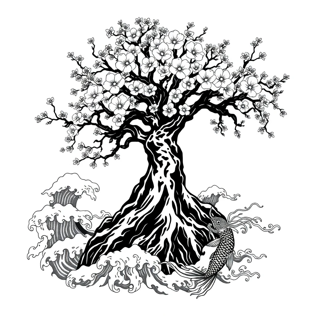 Tatouage arbre de vie en style japonais, design généré par IA
