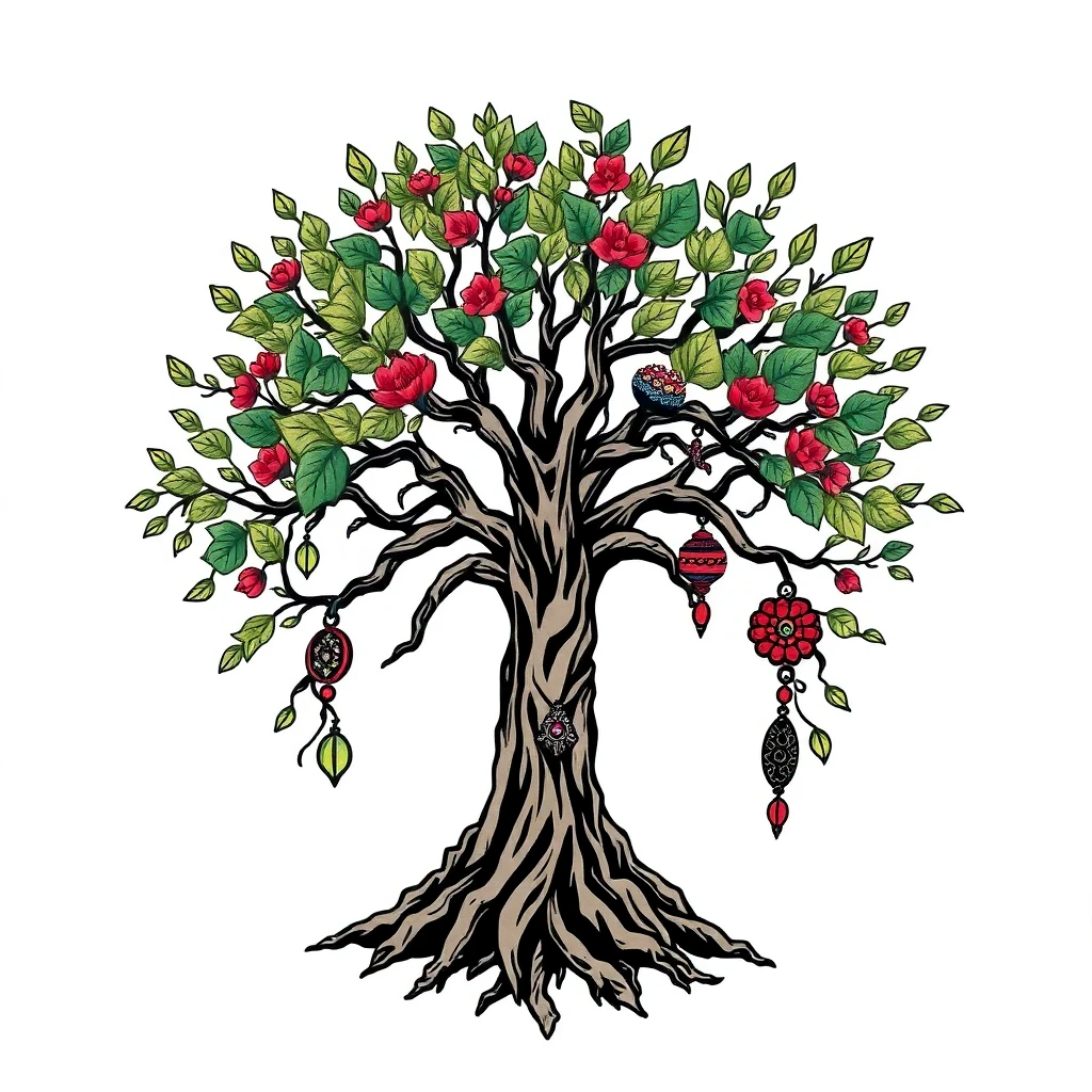 Tatouage arbre de vie en style néo-traditionnel, design généré par IA