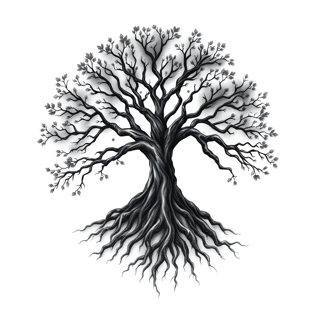 Tatouage arbre de vie en style noir et blanc, design généré par IA