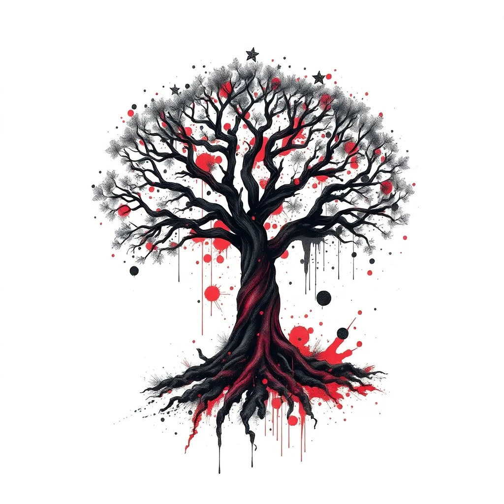 Tatouage arbre de vie en style trash polka, design généré par IA