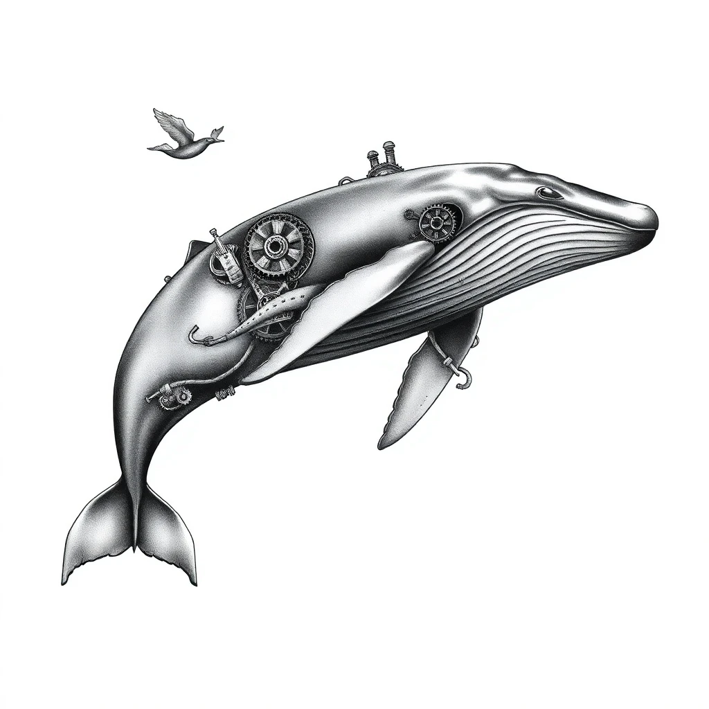 Tatouage baleine en style biomécanique, design généré par IA