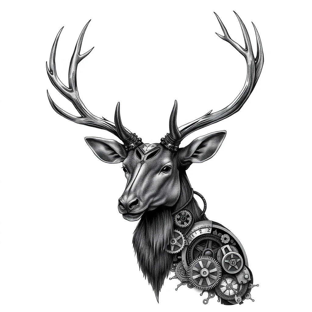 Tatouage cerf en style biomécanique, design généré par IA