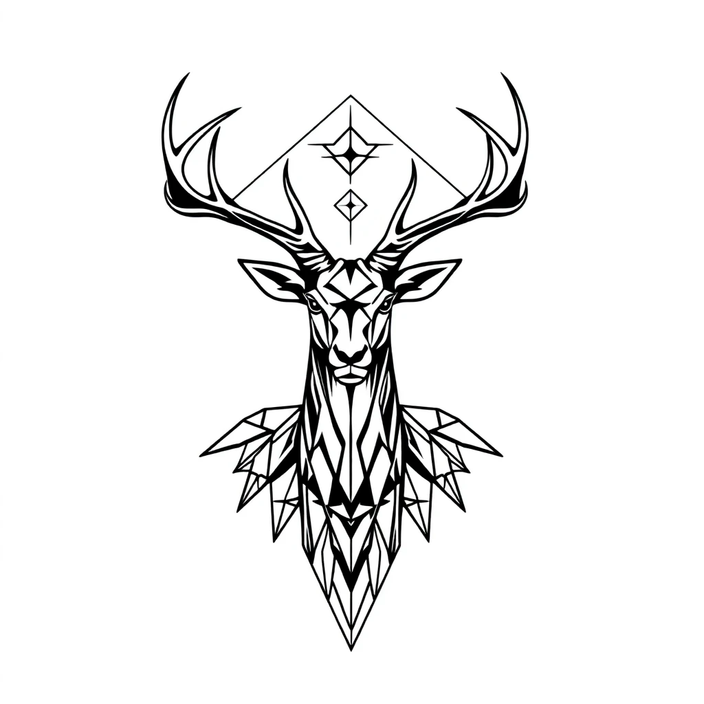 Tête de cerf géométrique, facettes anguleuses et bois stylisés