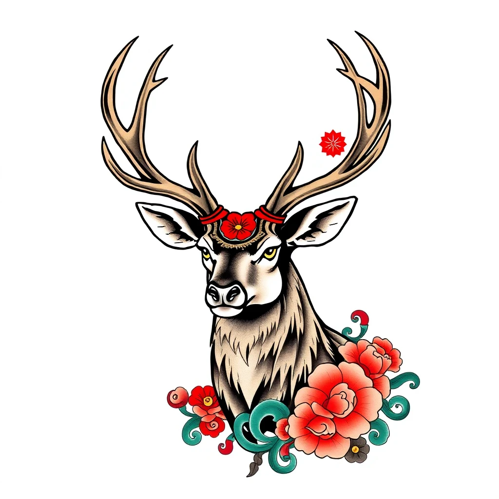 Idée de tatouage cerf en style japonais, adaptable au omoplate