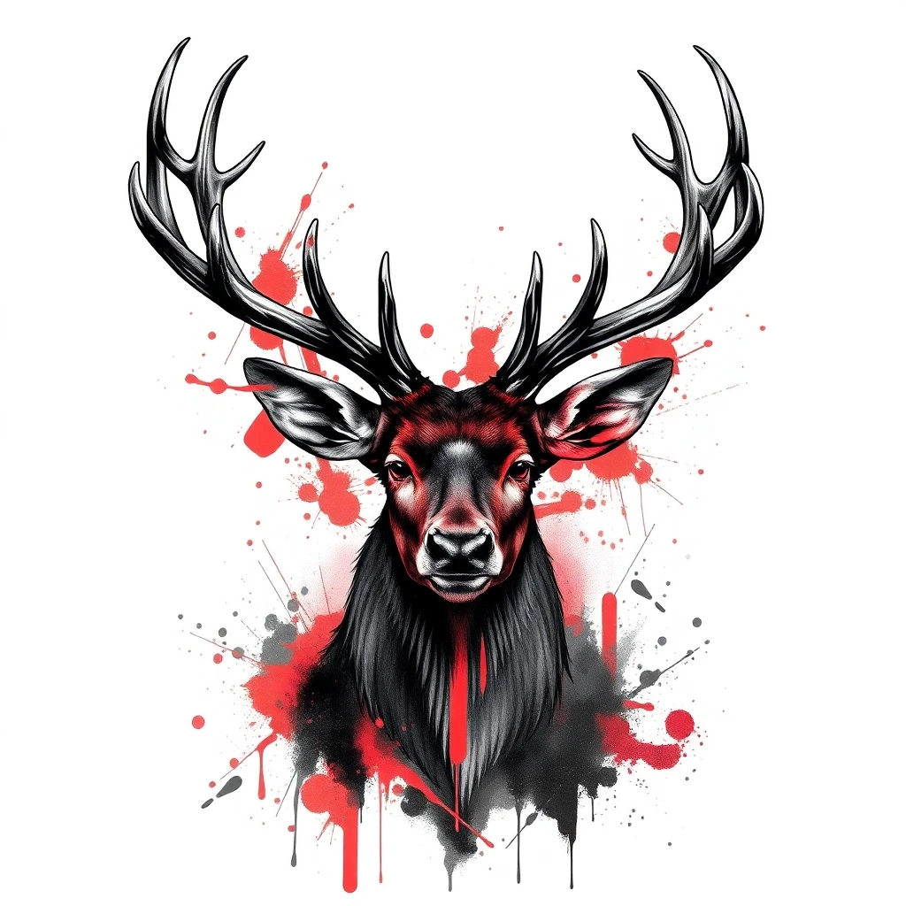 Tatouage cerf en style trash polka, design généré par IA