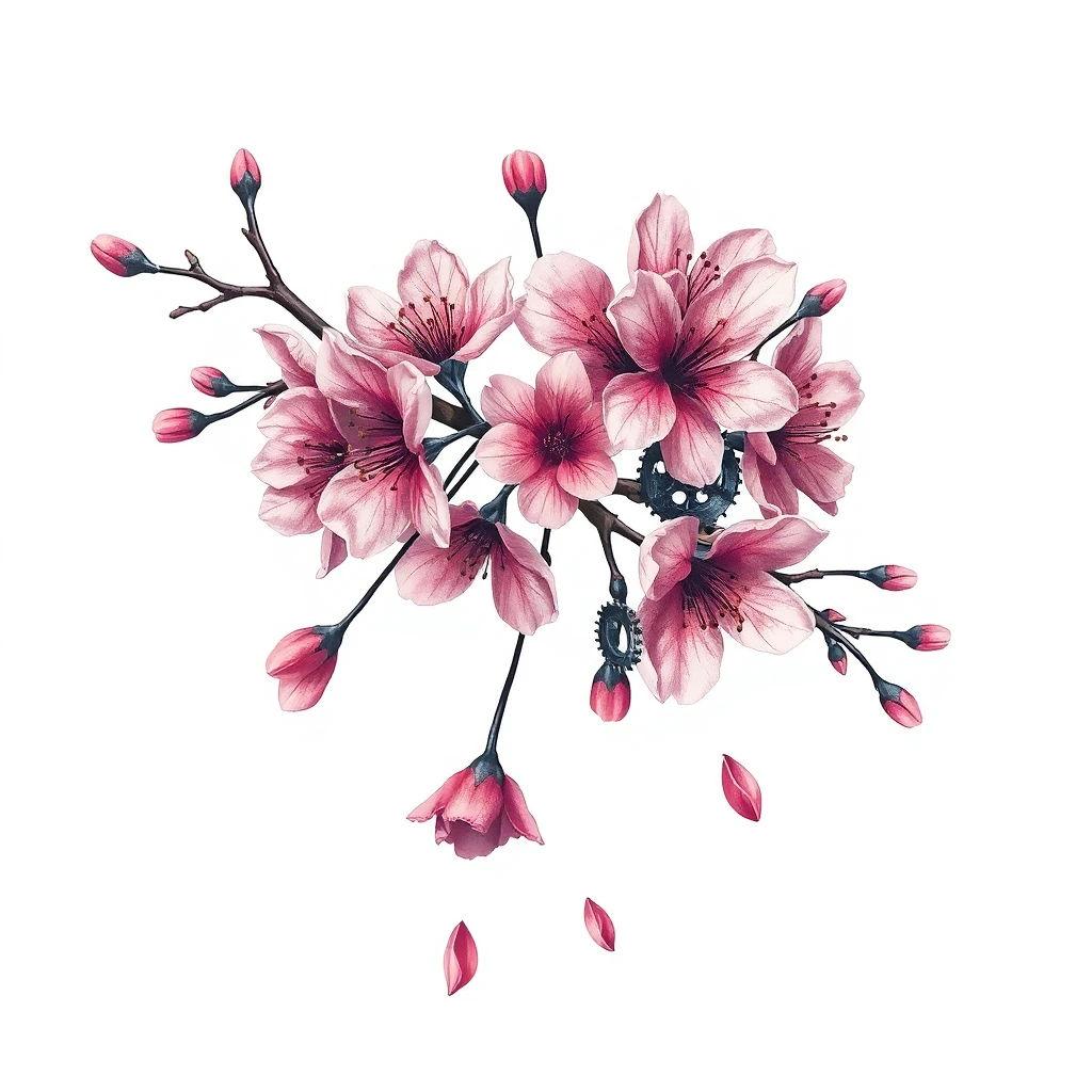 Tatouage cerisier en fleur en style biomécanique, design généré par IA