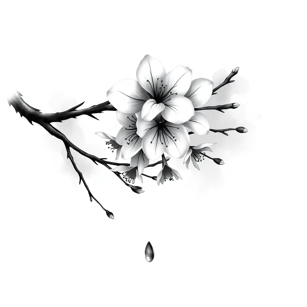 Tatouage cerisier en fleur en style black and gray, design généré par IA