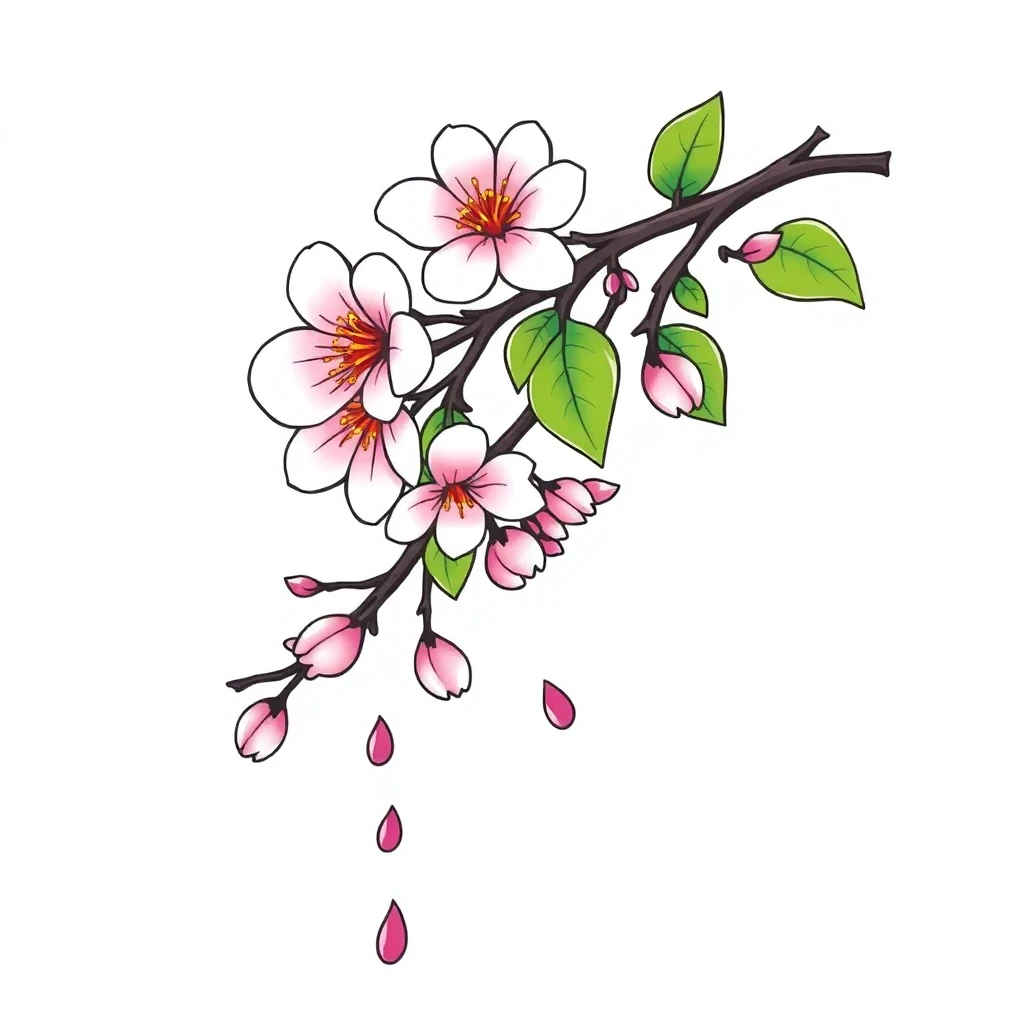 Tatouage cerisier en fleur en style cartoon, design généré par IA