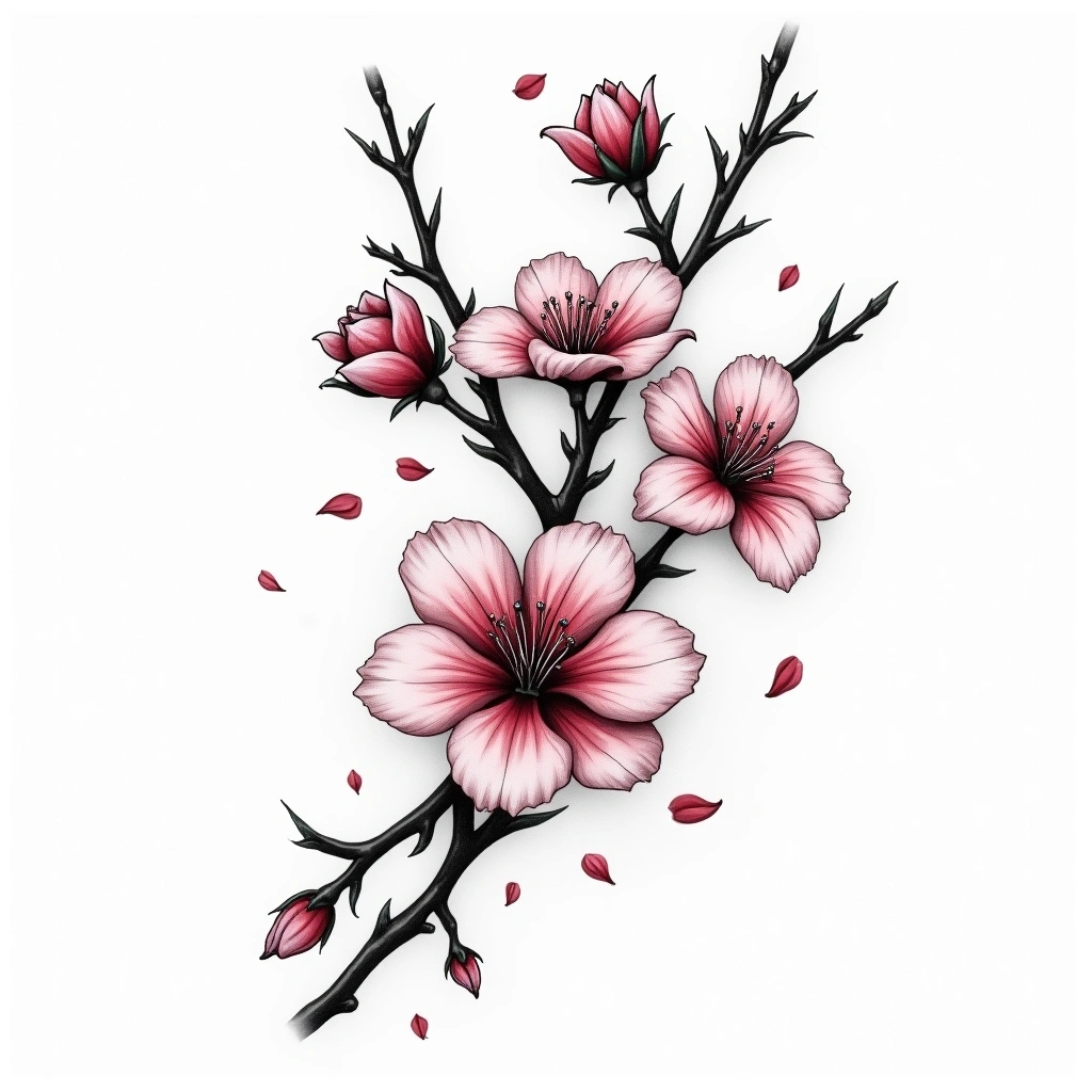 Tatouage cerisier en fleur en style chicano, design généré par IA