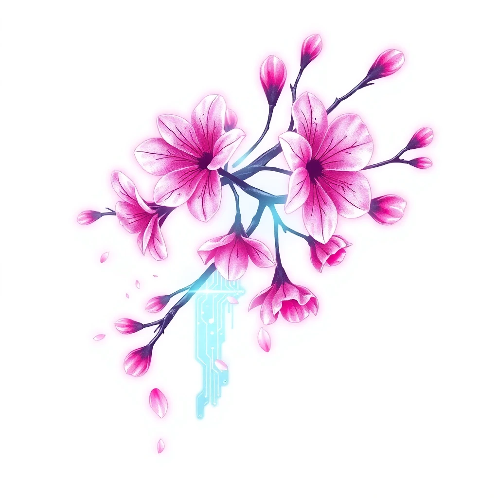 Tatouage cerisier en fleur en style cyberpunk, design généré par IA