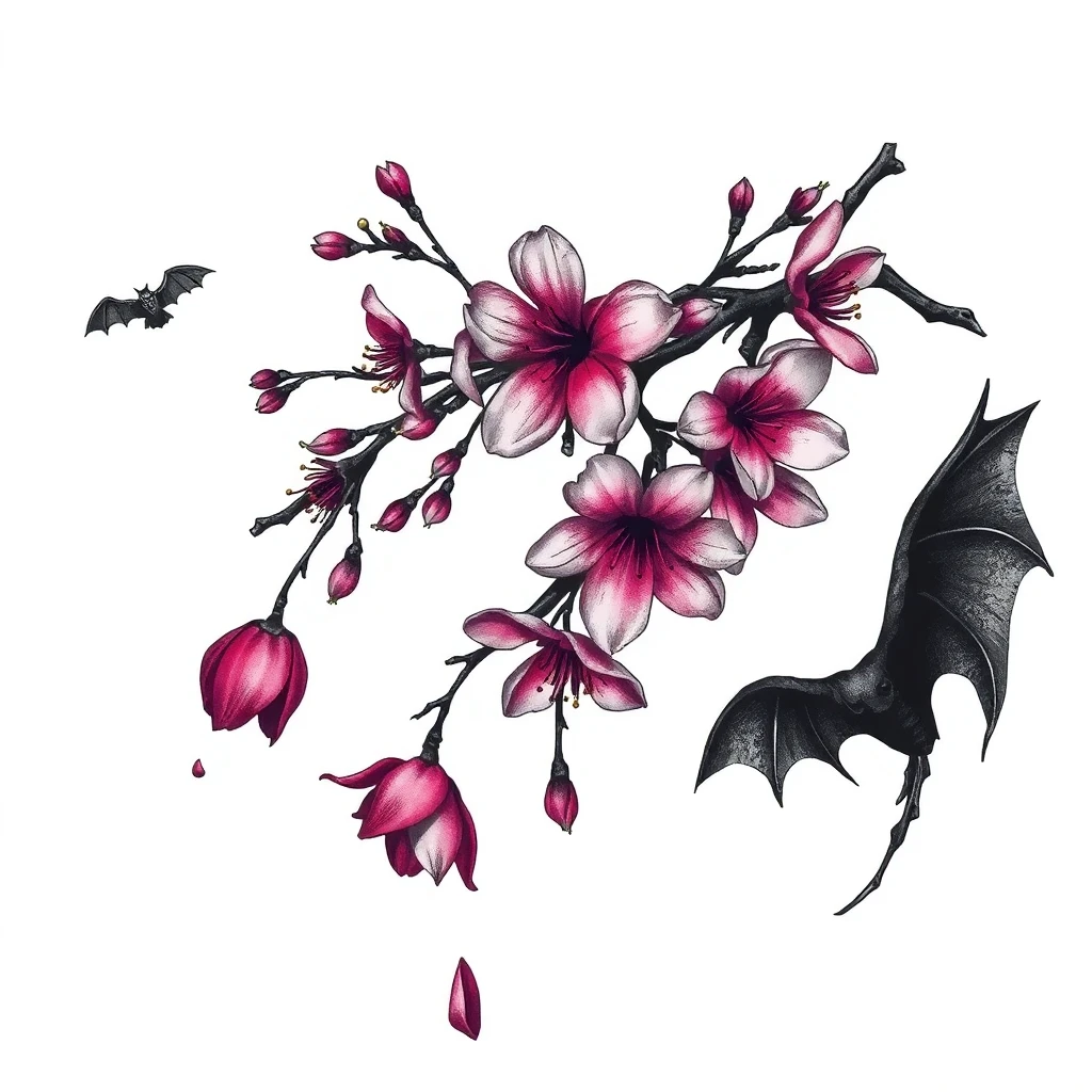 Tatouage cerisier en fleur en style horror, design généré par IA