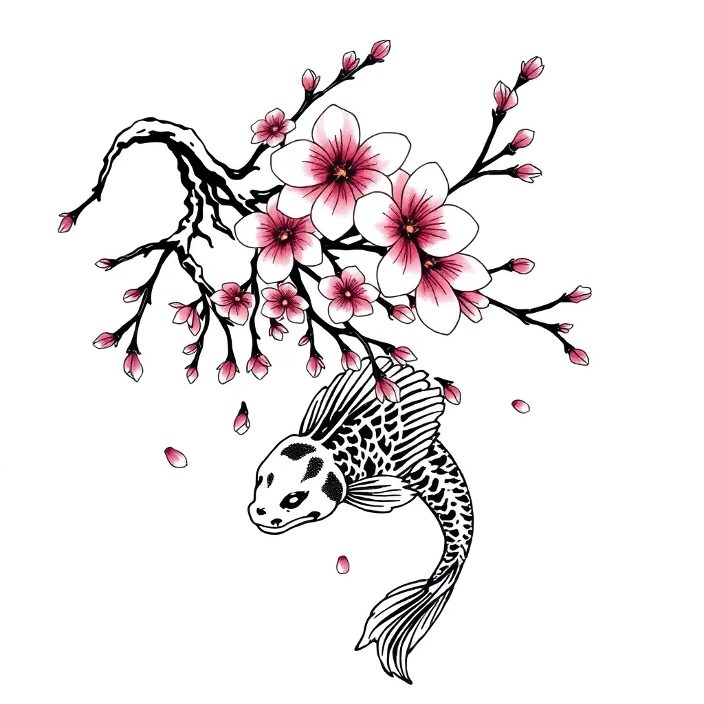 Idée de tatouage bras entier femme : branche de cerisier en fleur et carpe koï, style japonais