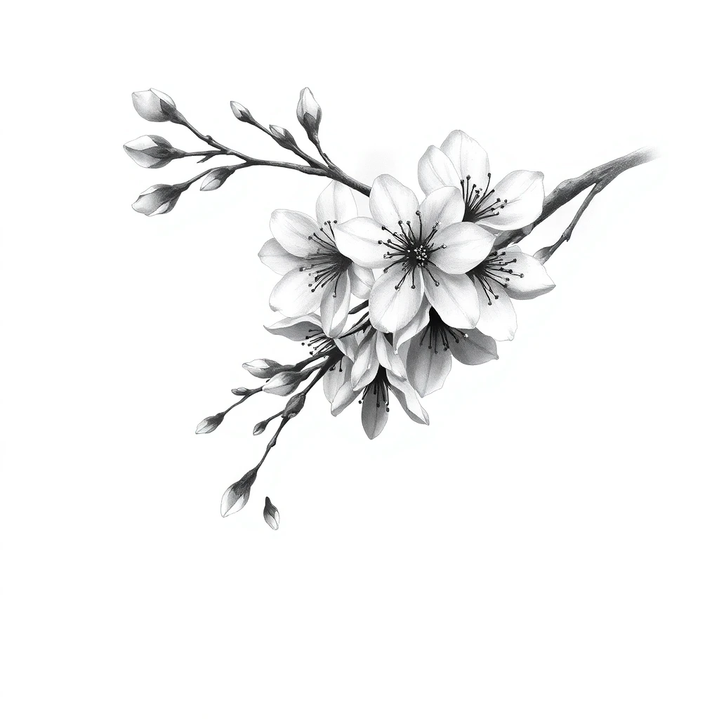 Tatouage cerisier en fleur en style noir et blanc, design généré par IA