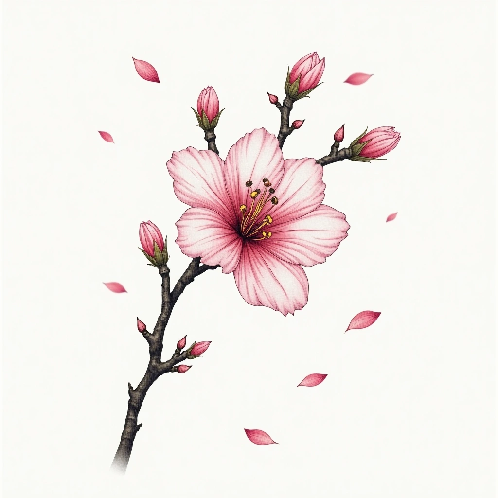 Tatouage cerisier en fleur en style single needle, design généré par IA