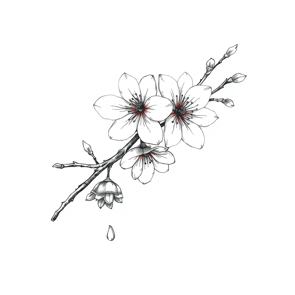 Tatouage cerisier en fleur en style sketch, design généré par IA