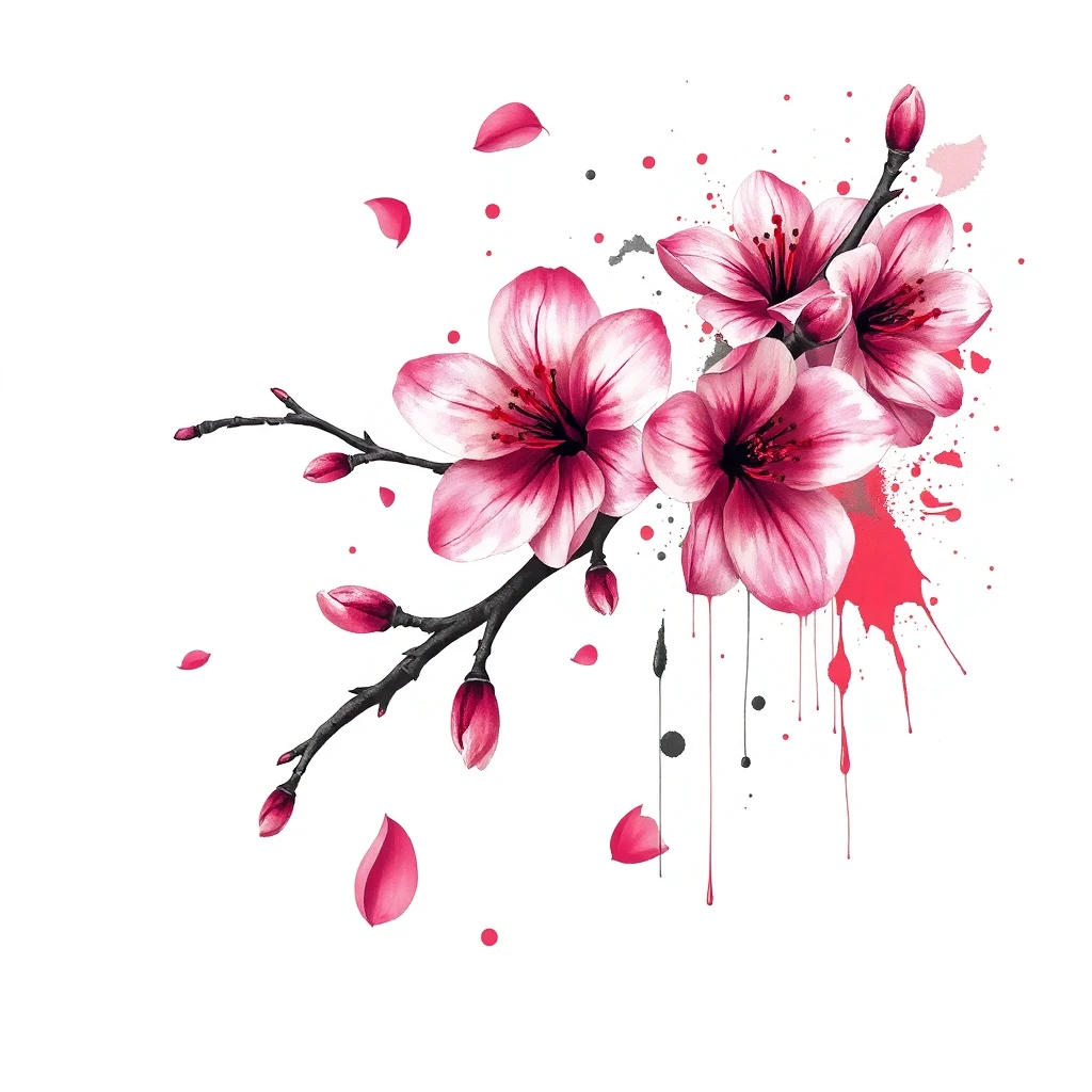 Tatouage cerisier en fleur en style trash polka, design généré par IA