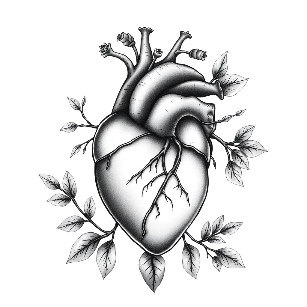 Tatouage cœur en style black and gray, design généré par IA