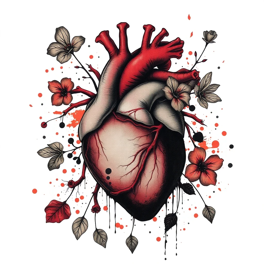 Tatouage cœur en style trash polka, design généré par IA