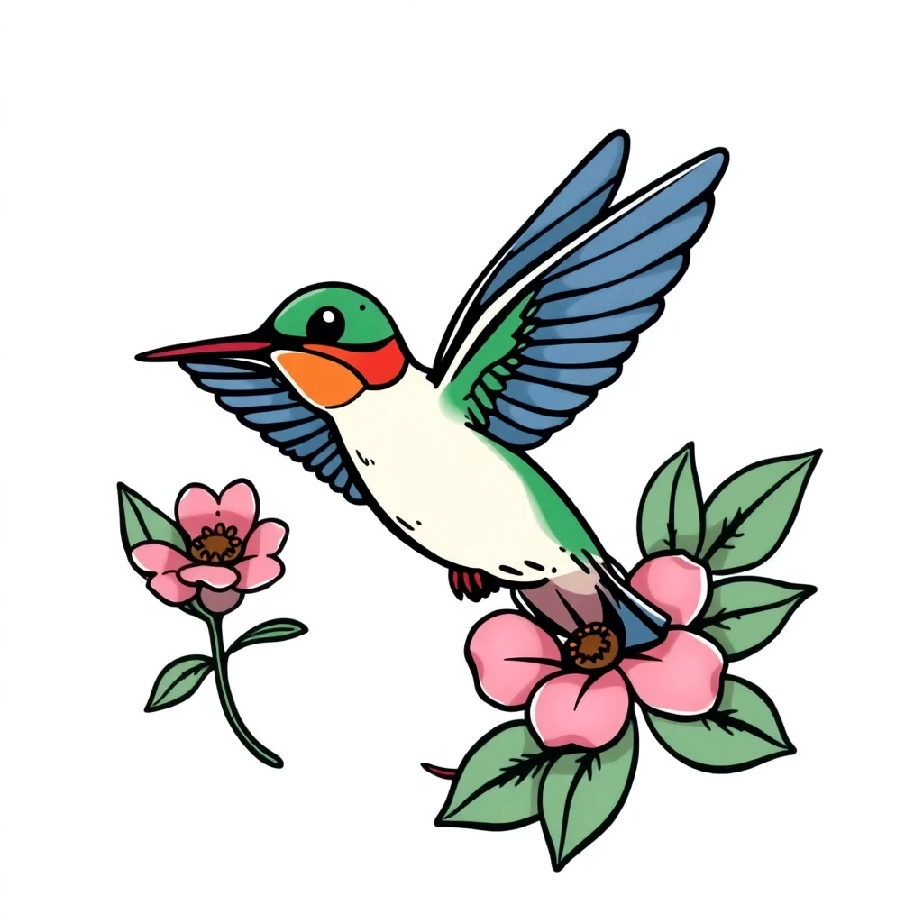 Tatouage colibri en style cartoon, design généré par IA