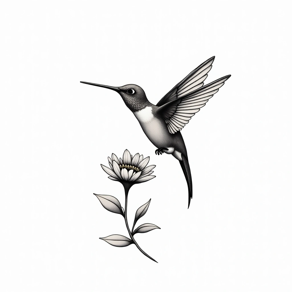 Tatouage colibri en style single needle, design généré par IA