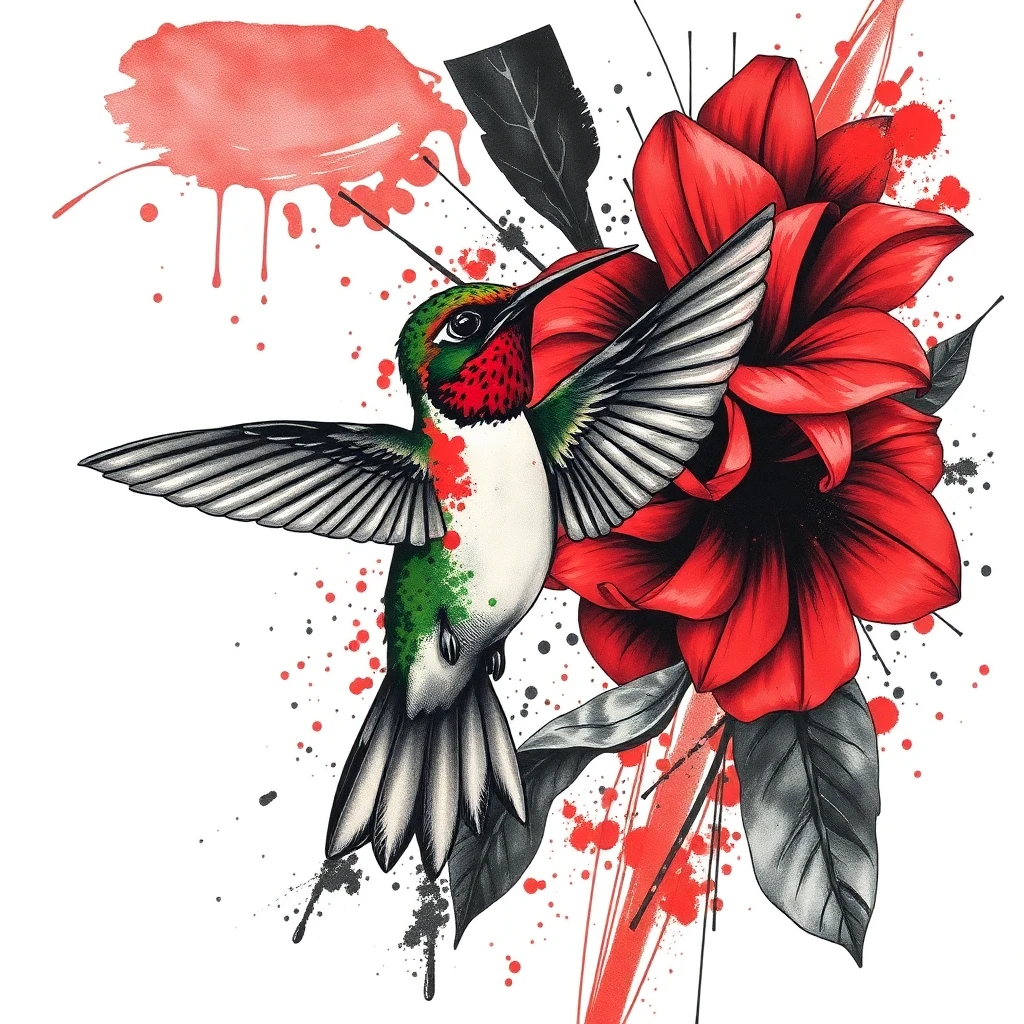 Tatouage colibri en style trash polka, design généré par IA