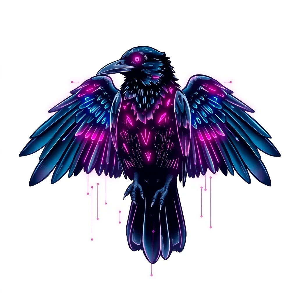 Tatouage corbeau en style cyberpunk, design généré par IA