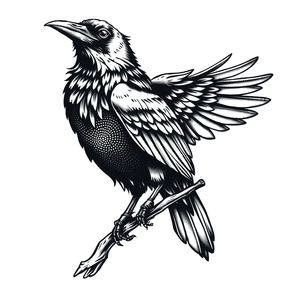 Tatouage corbeau en style dotwork