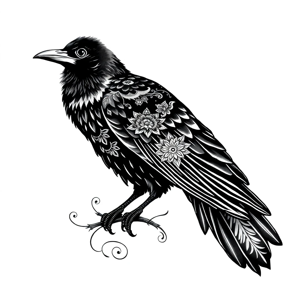 Tatouage corbeau en style ornemental, design généré par IA