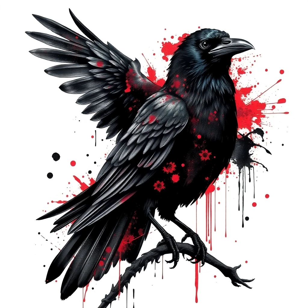 Tatouage corbeau en style trash polka, design généré par IA
