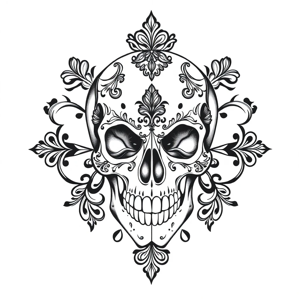 Tatouage crâne en style ornemental, design généré par IA
