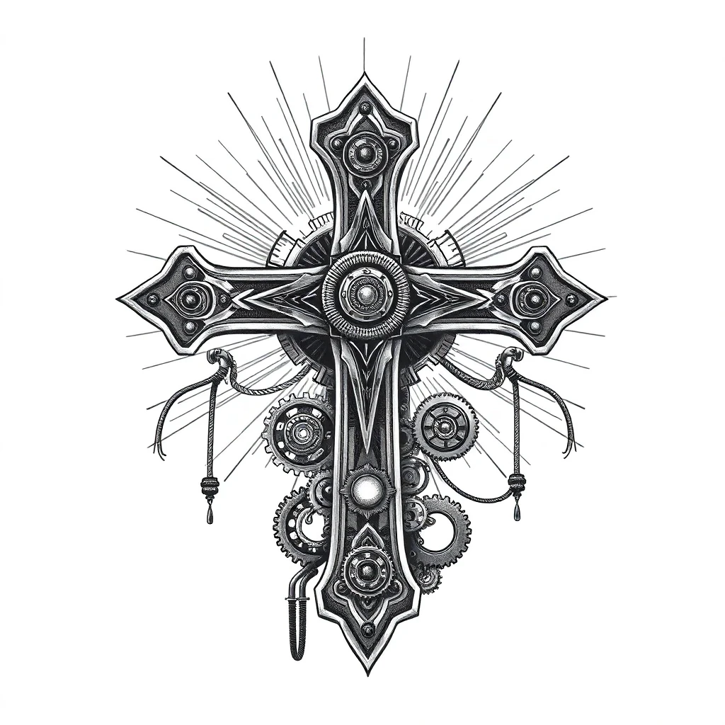 Tatouage croix en style biomécanique, design généré par IA