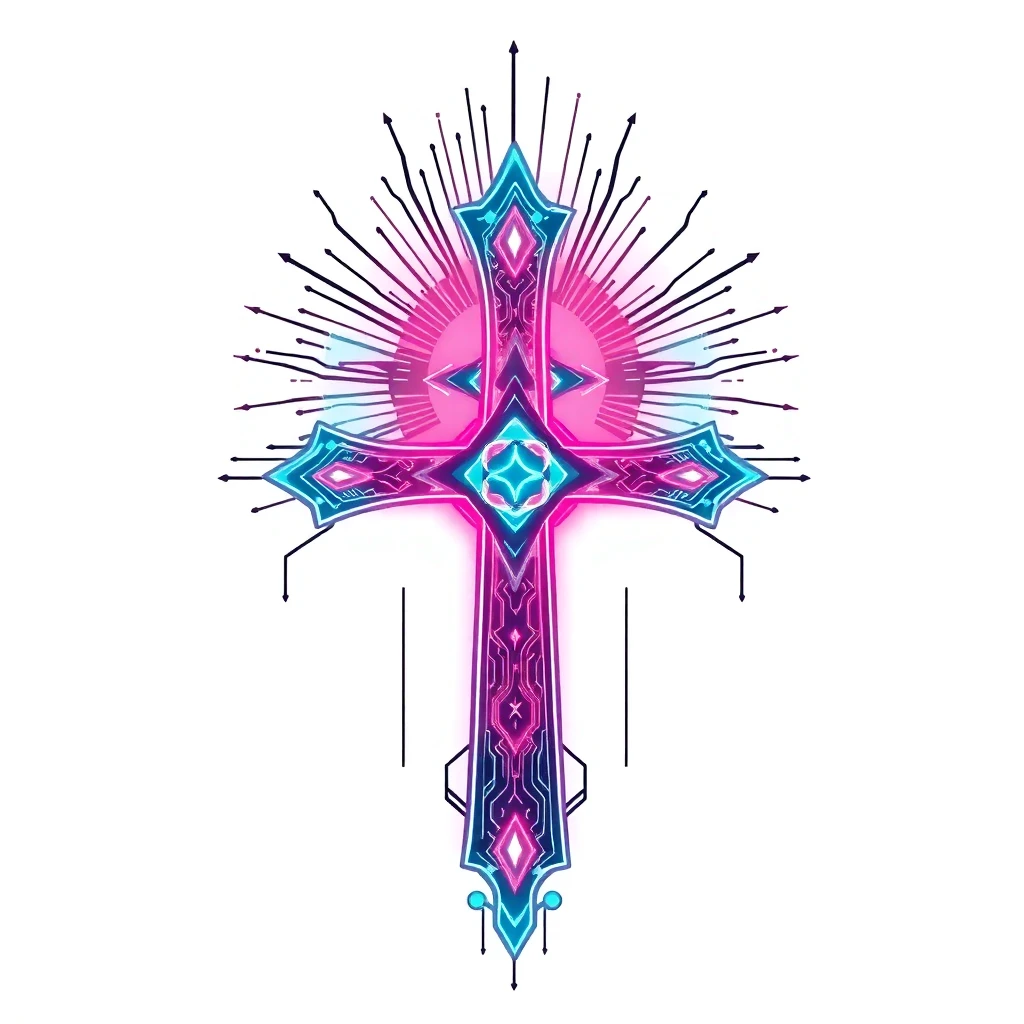 Tatouage croix en style cyberpunk, design généré par IA