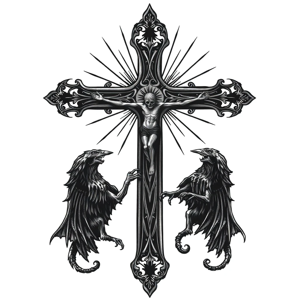 Tatouage croix en style horror, design généré par IA