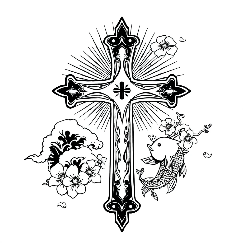 Tatouage croix en style japonais, design généré par IA