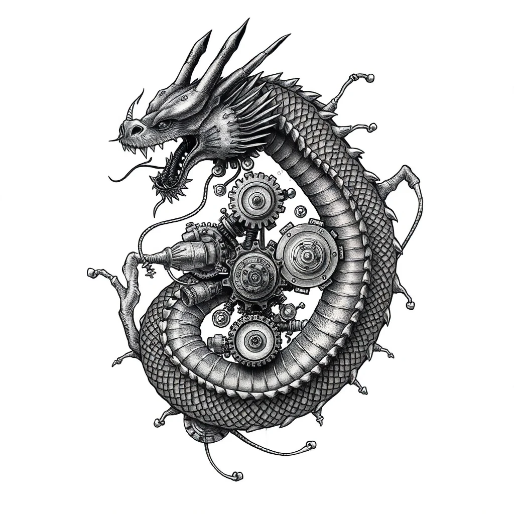 Tatouage dragon en style biomécanique, design généré par IA