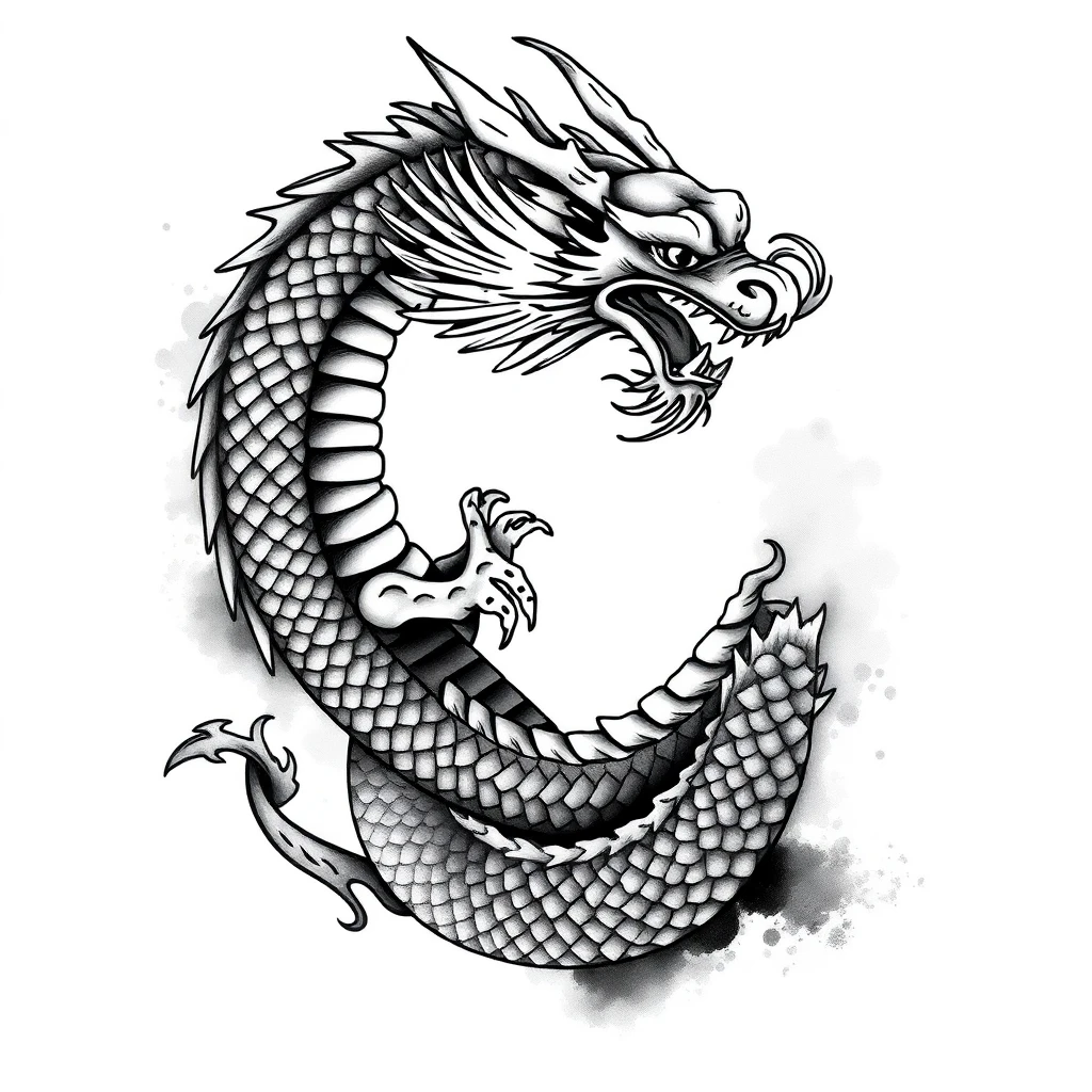 Tatouage dragon en style black and gray, design généré par IA