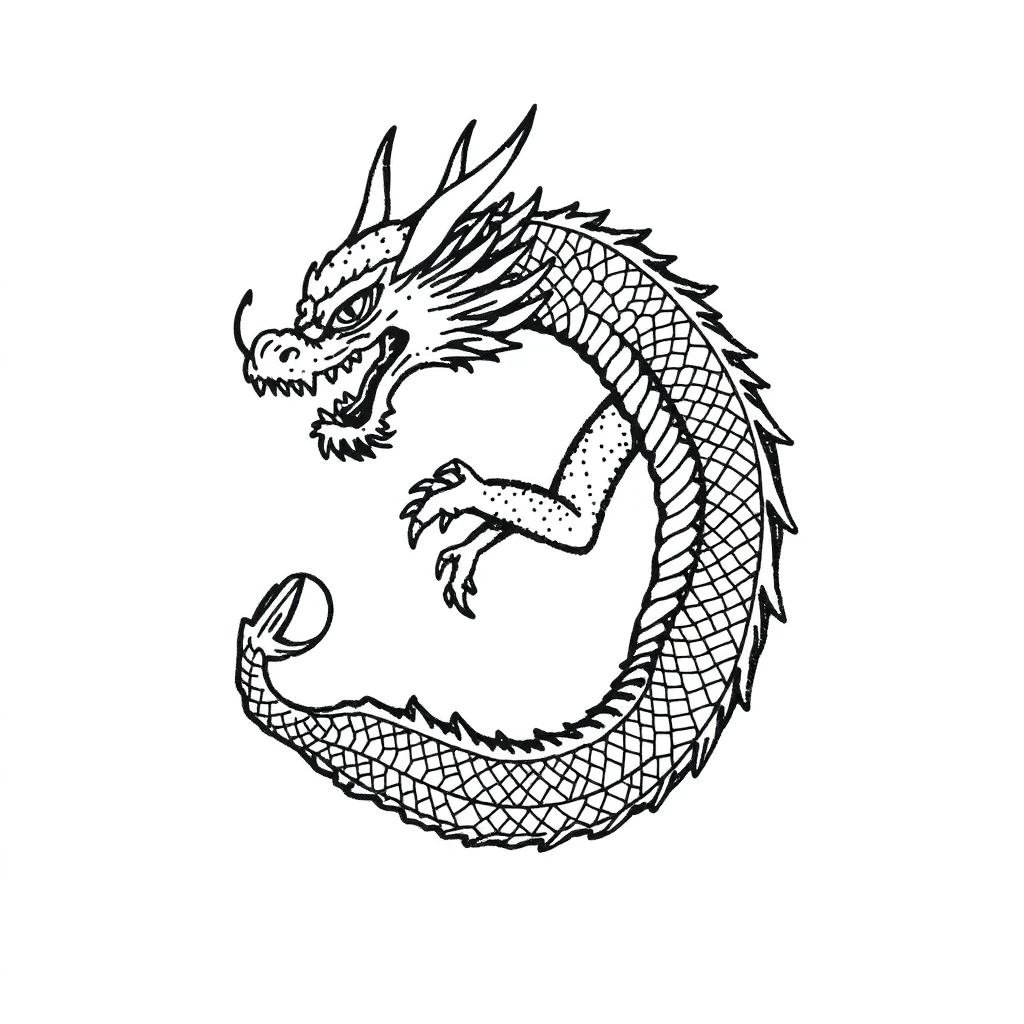 Tatouage dragon en style dotwork, design noir et gris généré avec Tatua