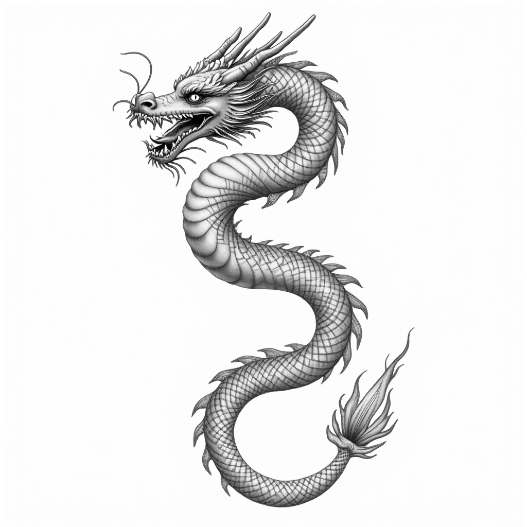 Tatouage dragon en style single needle, design généré par IA