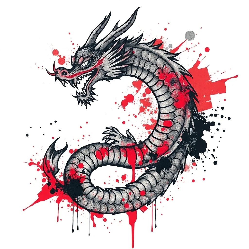 Tatouage dragon en style trash polka, design généré par IA