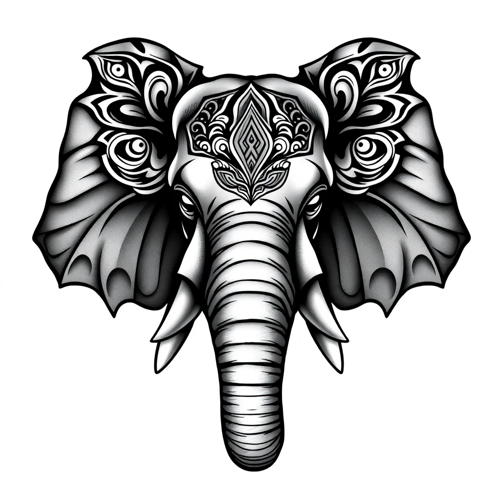 Tatouage éléphant en style black and gray, design généré par IA