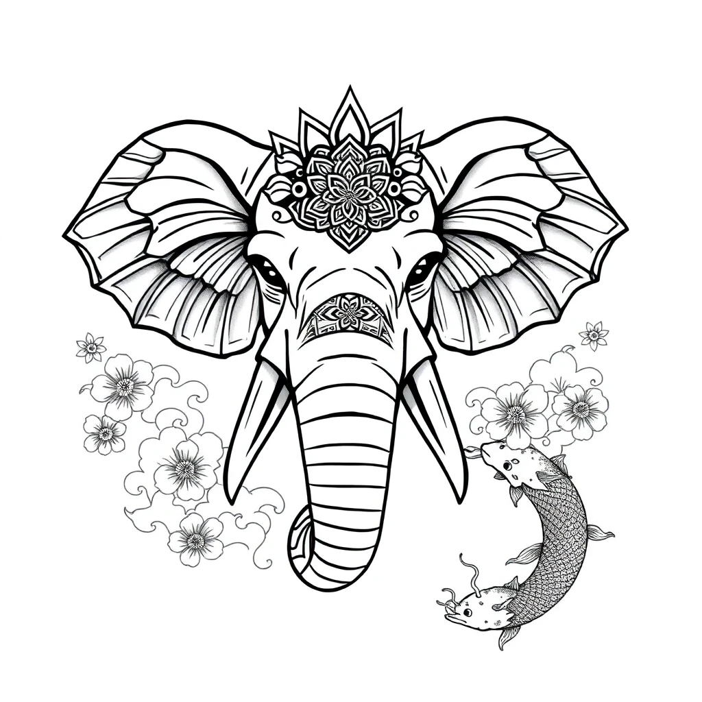 Tatouage éléphant en style japonais, design généré par IA