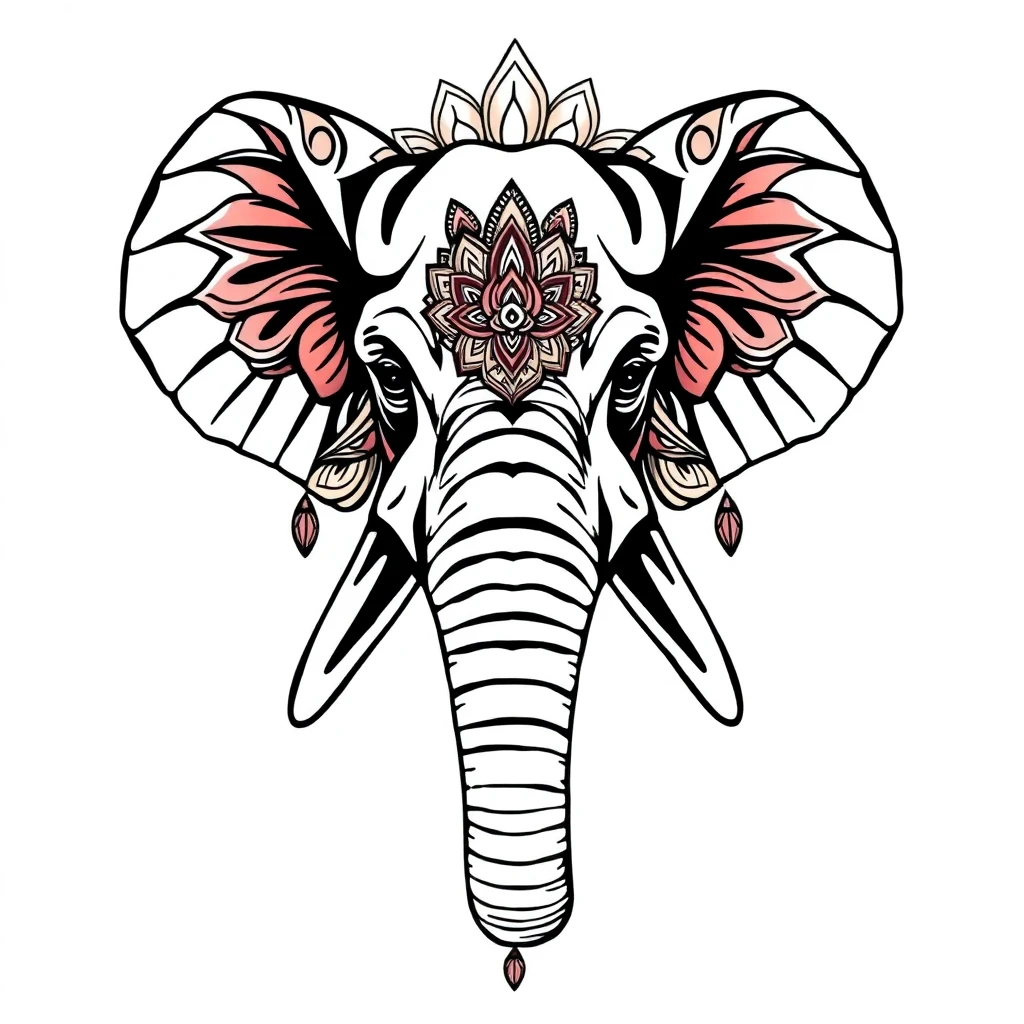 Tatouage éléphant en style néo-traditionnel, design généré par IA
