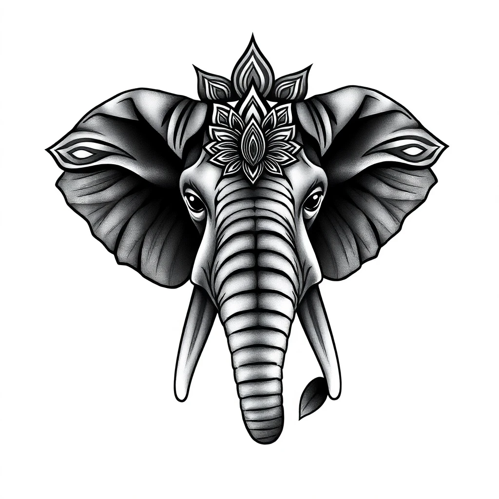 Tatouage éléphant en style noir et blanc, design généré par IA
