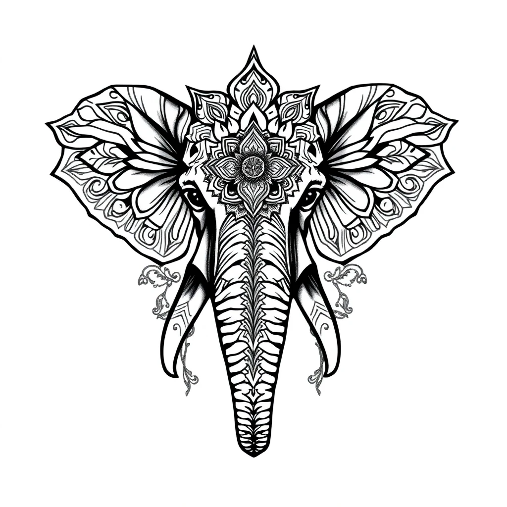 Tatouage éléphant en style ornemental, design généré par IA