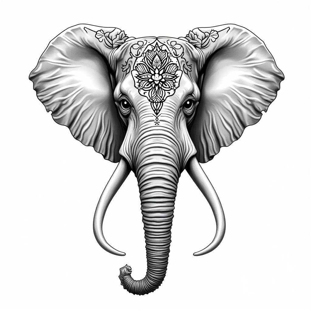 Tatouage éléphant en style single needle, design généré par IA