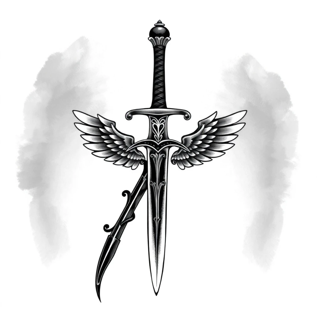 Tatouage épée en style black and gray, design généré par IA